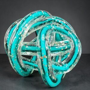Italian Glass Infinity Knot Sculpture Teal Silver Fleck Paperweight Art Glass